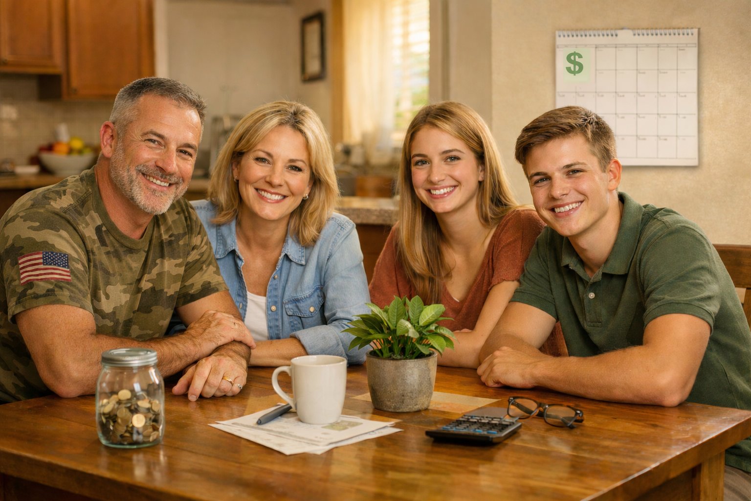 Veteran family relaxed at kitchen table, financially confident with optimized emergency fund