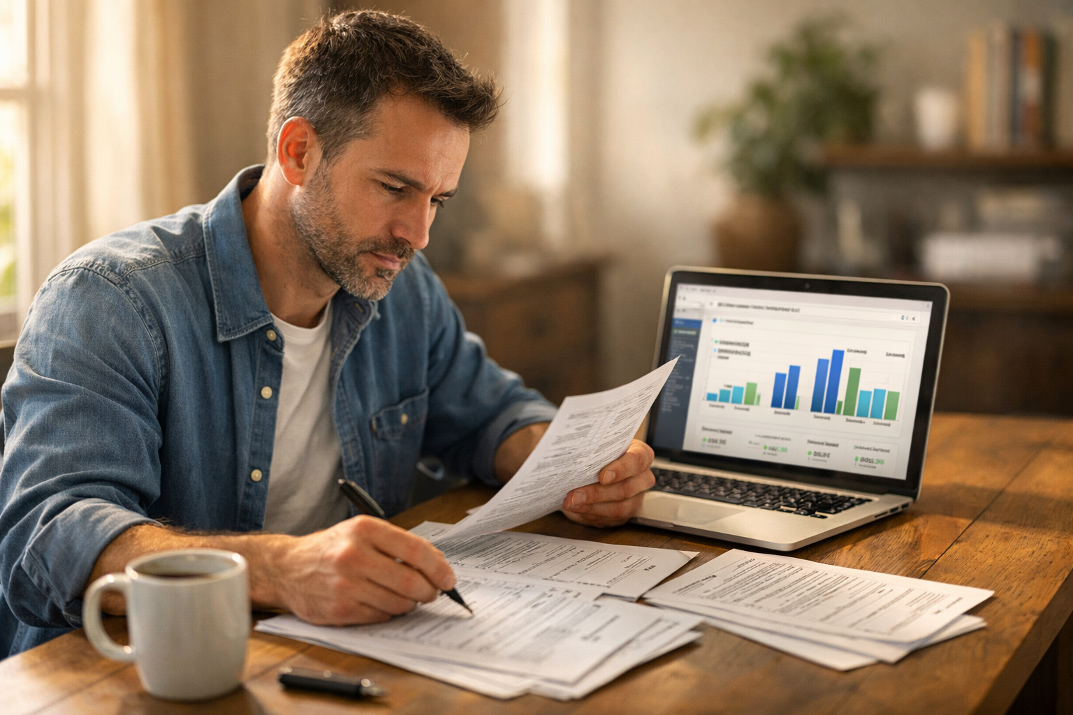 Veteran reviewing tax documents and retirement account statements