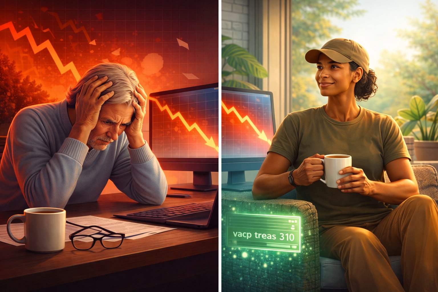 Side-by-side comparison showing stressed civilian investor versus calm veteran investor during market crash