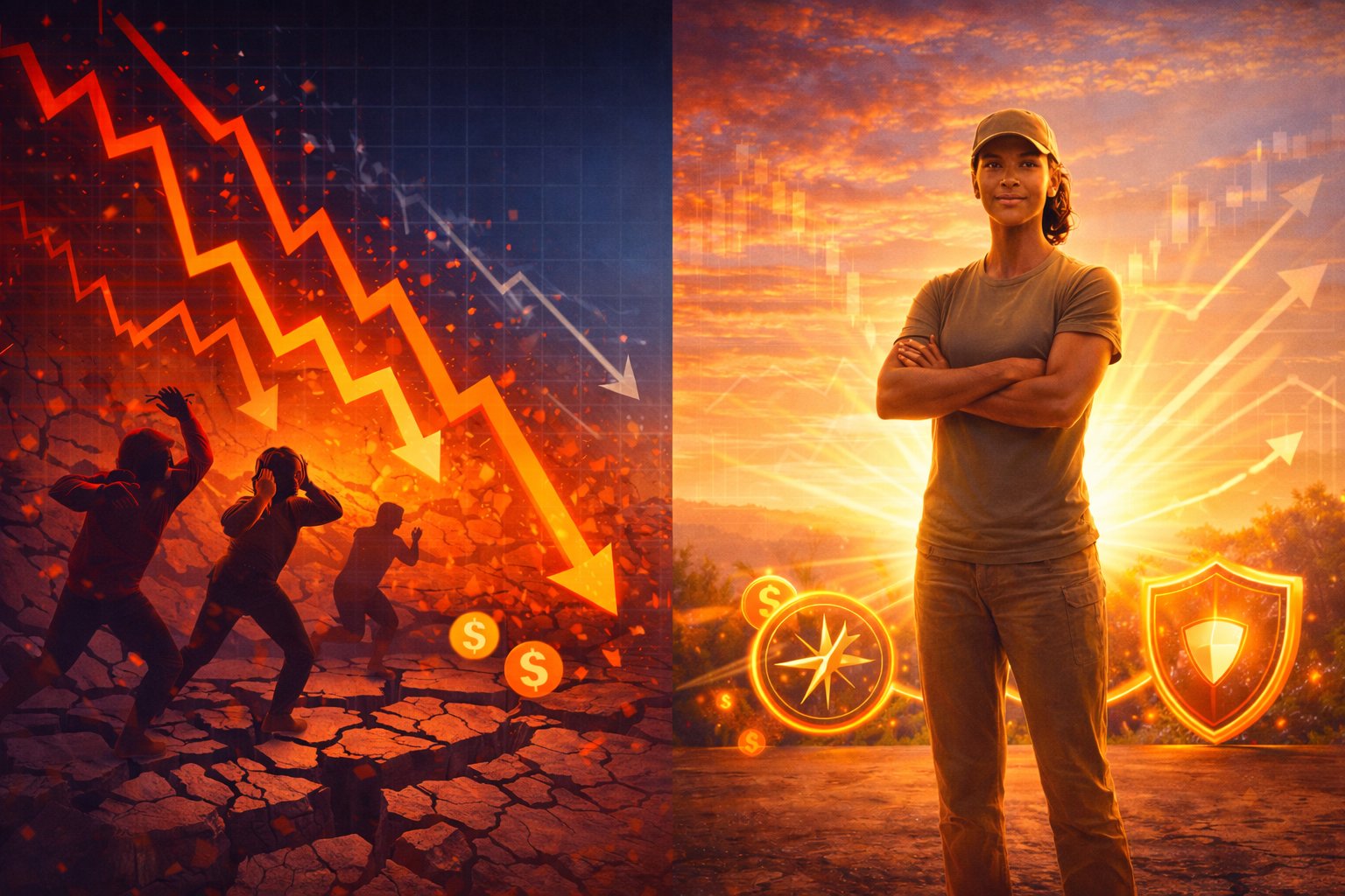 Veteran standing calmly while financial markets crash around them, protected by VA disability income